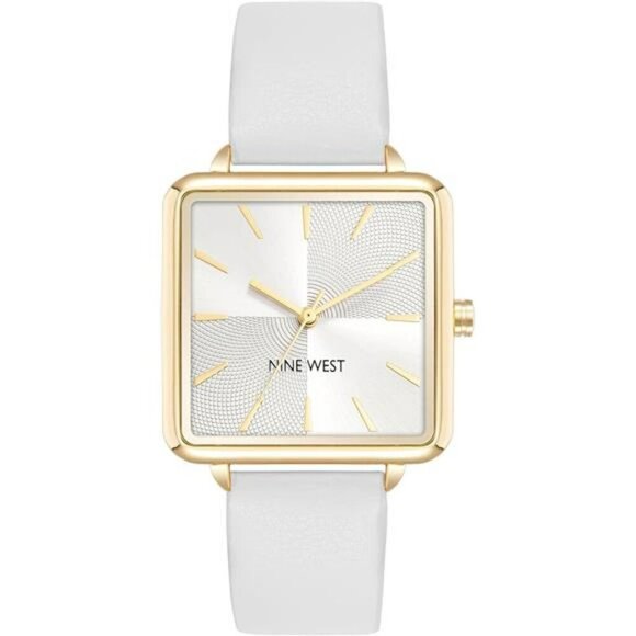 Nine West Womens Strap Watch Silver Dial Gold Markers White Faux Leather - Picture 5 of 5